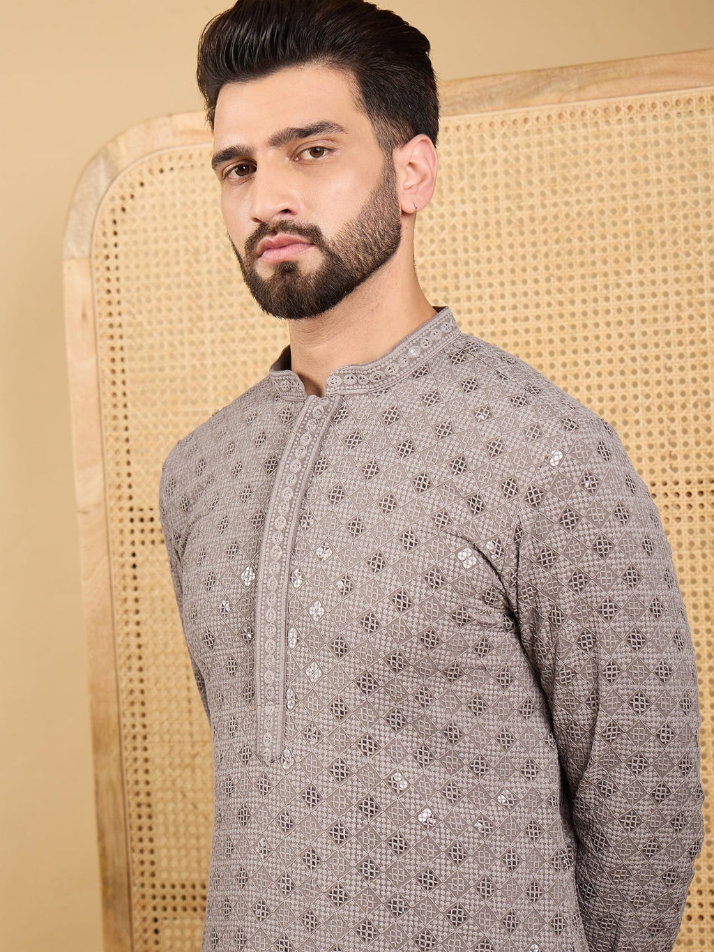 Men Grey Viscose Rayon Solid Embroidered Straight Kurta with Trouser-MKSET1049