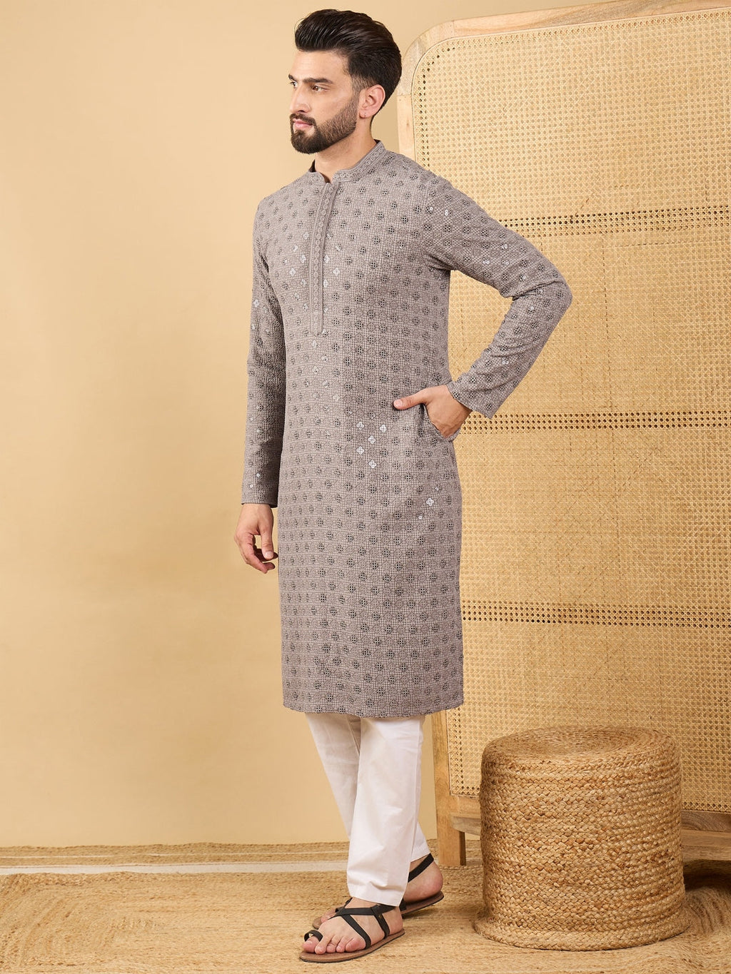 Men Grey Viscose Rayon Solid Embroidered Straight Kurta with Trouser-MKSET1049