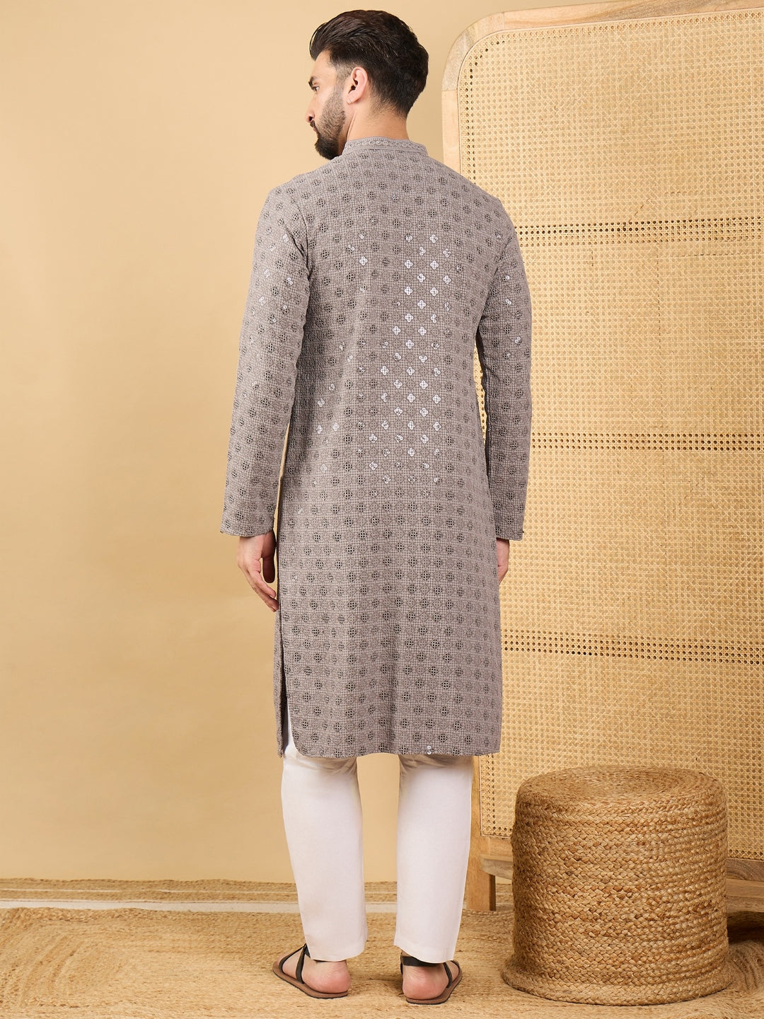 Men Grey Viscose Rayon Solid Embroidered Straight Kurta with Trouser-MKSET1049