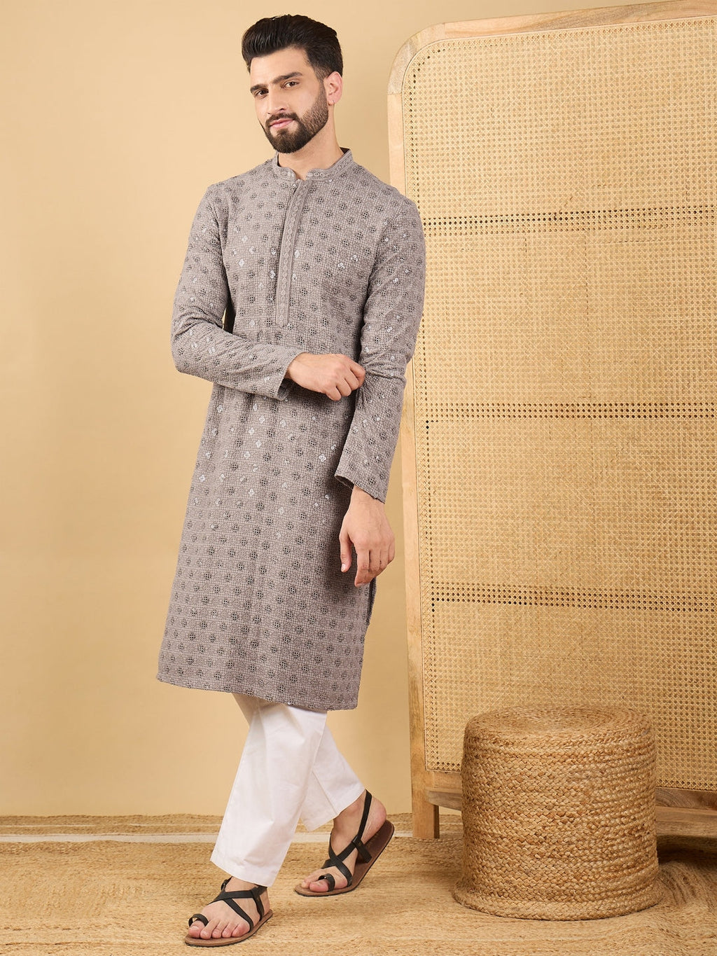 Men Grey Viscose Rayon Solid Embroidered Straight Kurta with Trouser-MKSET1049