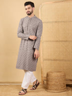 Men Grey Viscose Rayon Solid Embroidered Straight Kurta with Trouser-MKSET1049