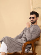 Men Grey Viscose Rayon Solid Embroidered Straight Kurta with Trouser-MKSET1049