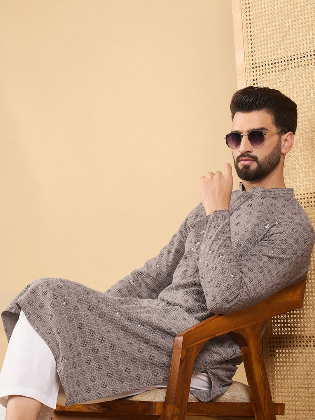 Men Grey Viscose Rayon Solid Embroidered Straight Kurta with Trouser-MKSET1049