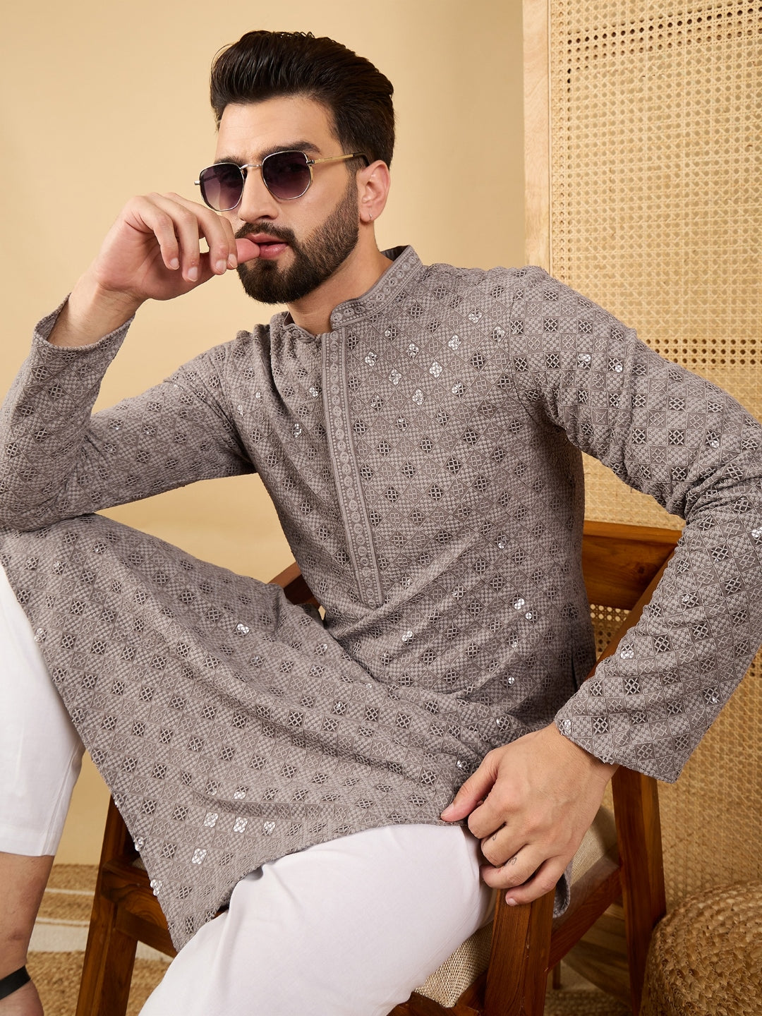 Men Grey Viscose Rayon Solid Embroidered Straight Kurta with Trouser-MKSET1049
