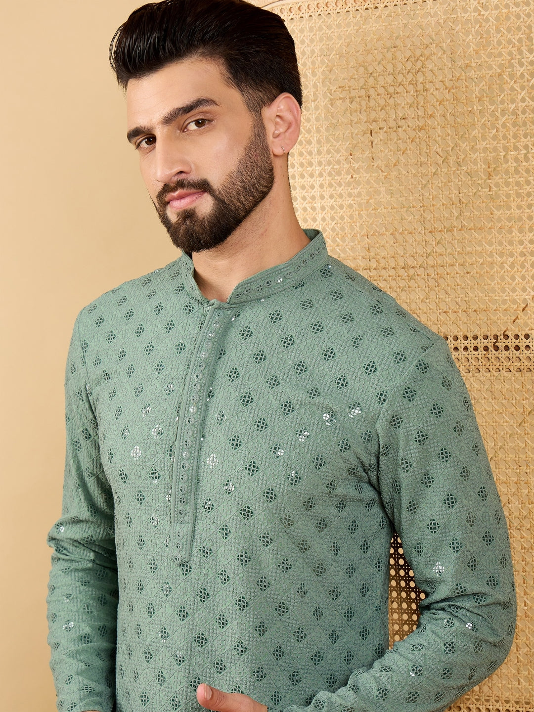 Men Green Viscose Rayon Solid Embroidered Straight Kurta with Trousers-MKSET1050
