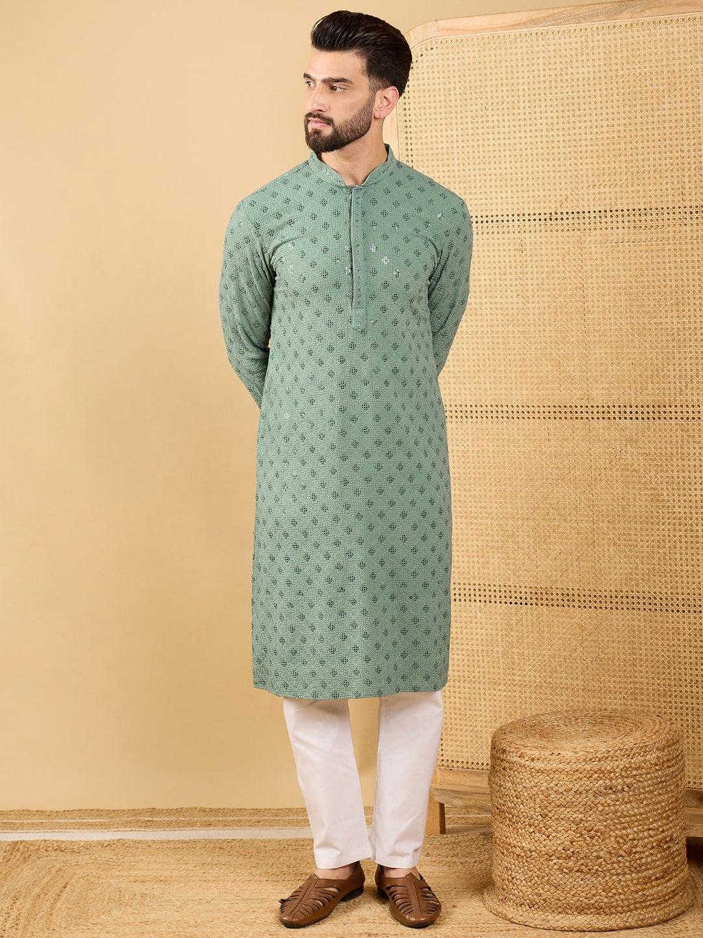 Men Green Viscose Rayon Solid Embroidered Straight Kurta with Trousers-MKSET1050