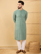 Men Green Viscose Rayon Solid Embroidered Straight Kurta with Trousers-MKSET1050
