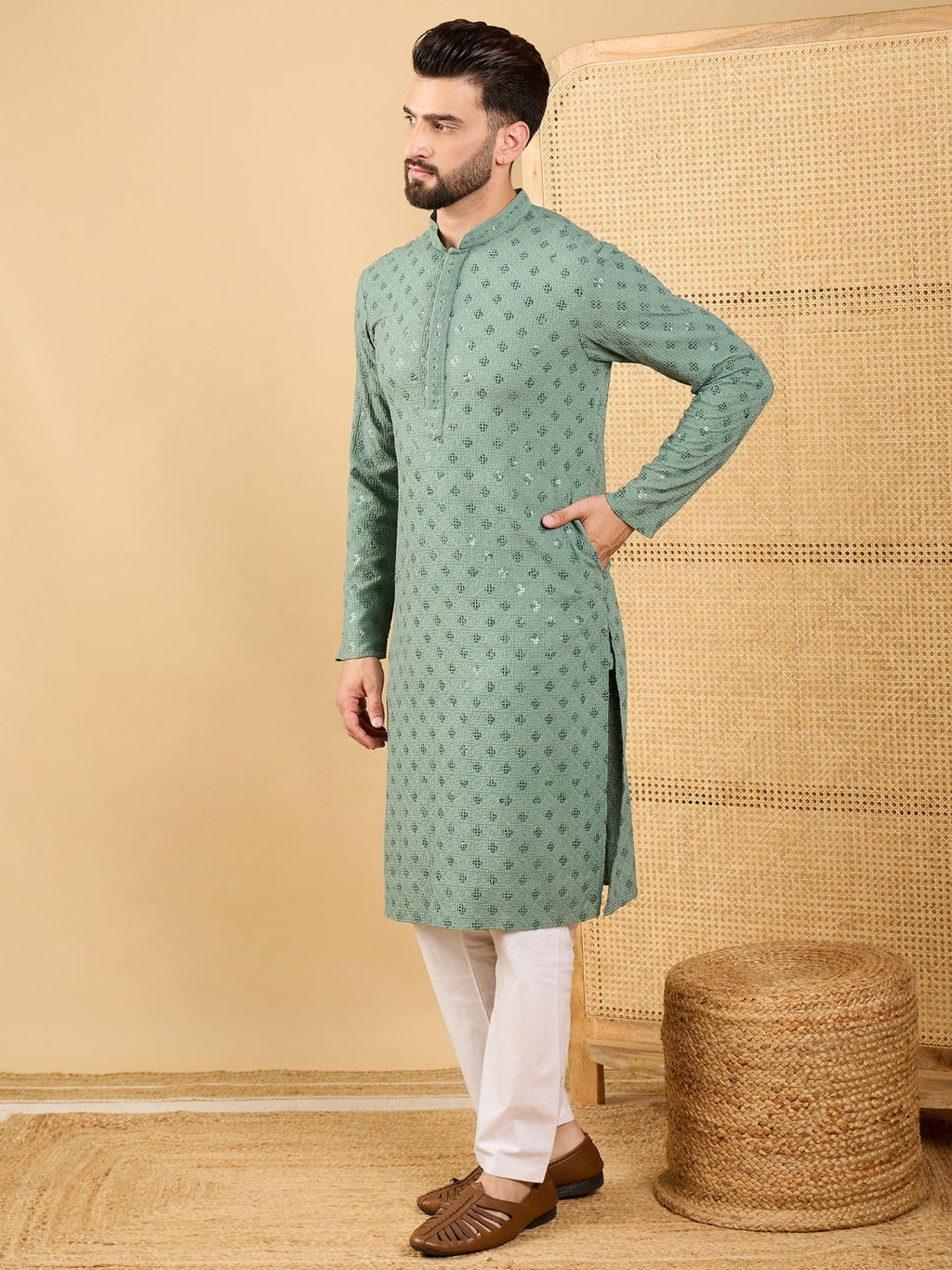 Men Green Viscose Rayon Solid Embroidered Straight Kurta with Trousers-MKSET1050