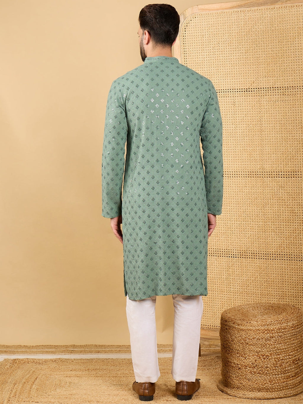 Men Green Viscose Rayon Solid Embroidered Straight Kurta with Trousers-MKSET1050