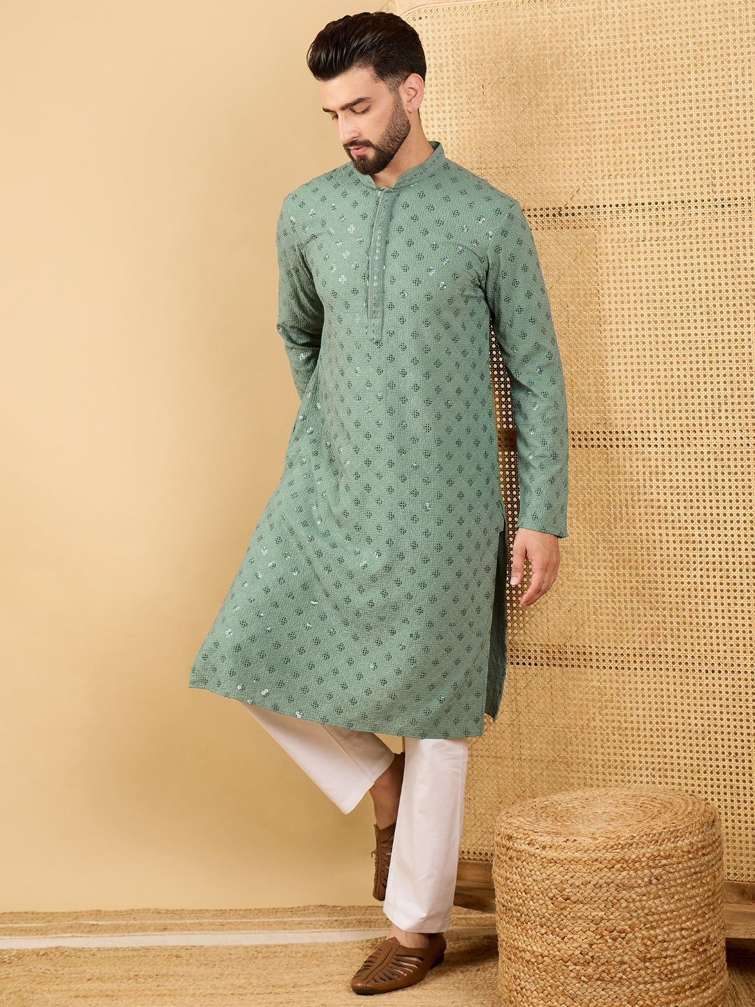 Men Green Viscose Rayon Solid Embroidered Straight Kurta with Trousers-MKSET1050