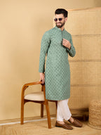 Men Green Viscose Rayon Solid Embroidered Straight Kurta with Trousers-MKSET1050