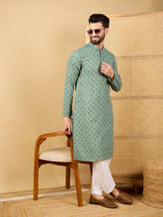 Men Green Viscose Rayon Solid Embroidered Straight Kurta with Trousers-MKSET1050