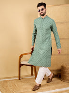 Men Green Viscose Rayon Solid Embroidered Straight Kurta with Trousers-MKSET1050