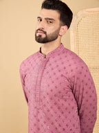 Men Mauve Viscose Rayon Solid Embroidered Straight Kurta with Trousers-MKSET1051