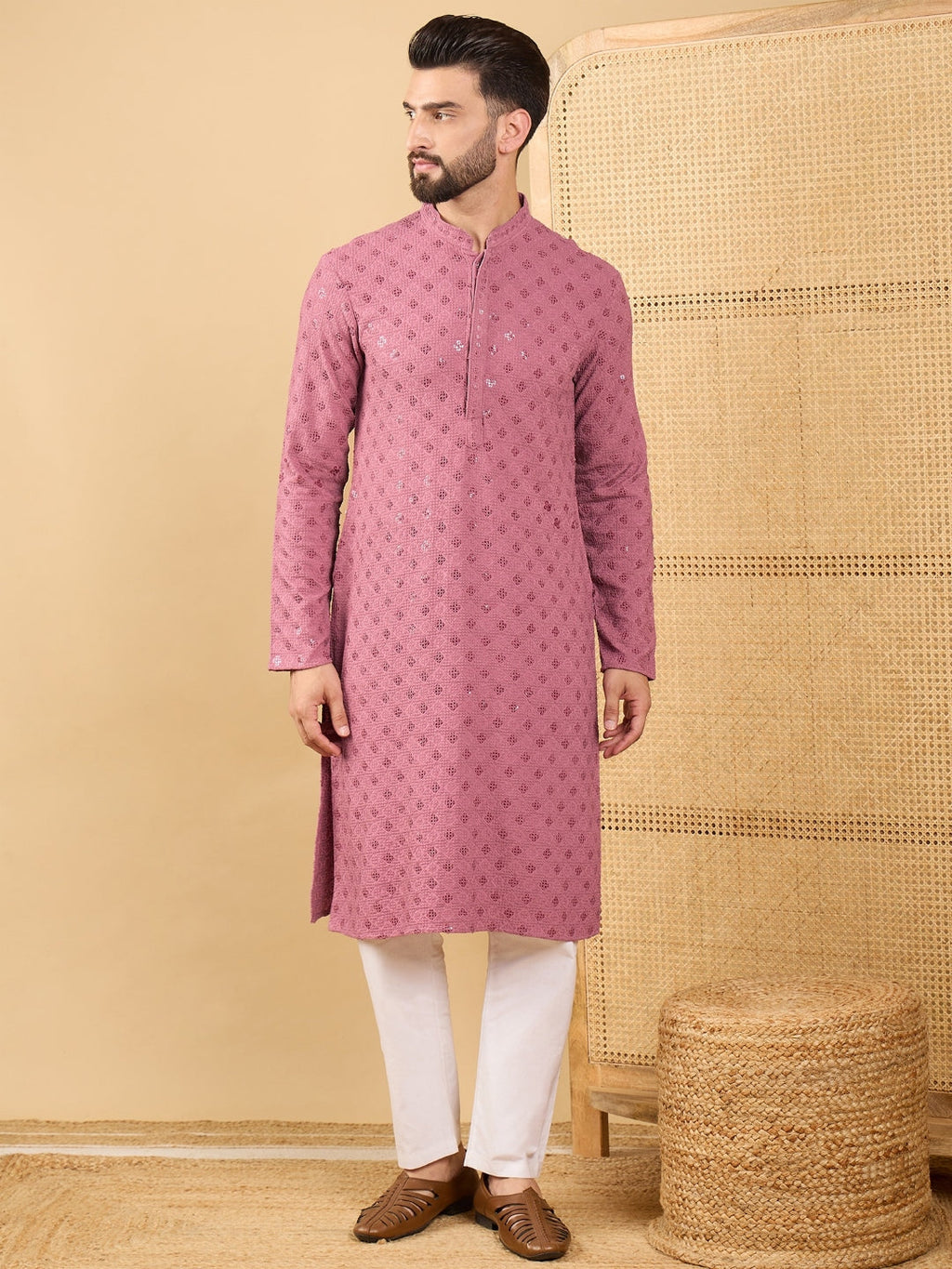 Men Mauve Viscose Rayon Solid Embroidered Straight Kurta with Trousers-MKSET1051
