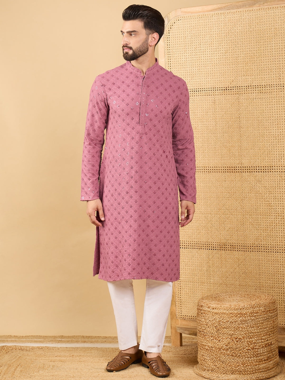 Men Mauve Viscose Rayon Solid Embroidered Straight Kurta with Trousers-MKSET1051