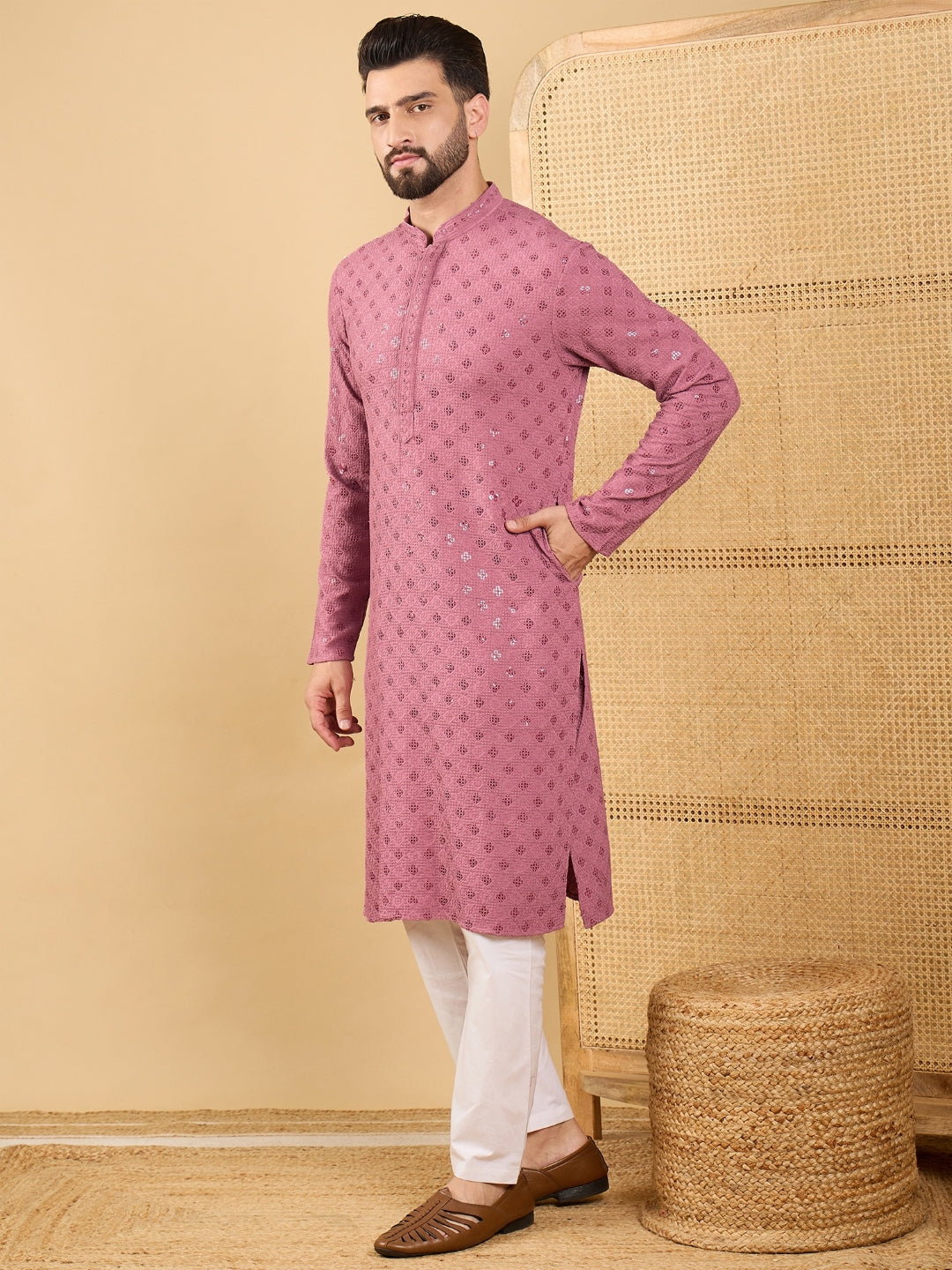 Men Mauve Viscose Rayon Solid Embroidered Straight Kurta with Trousers-MKSET1051