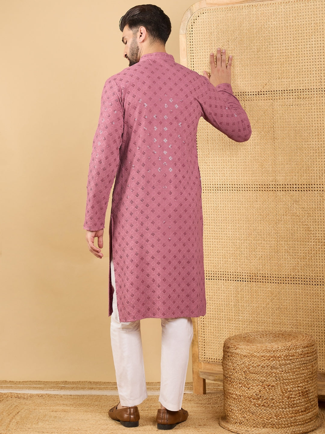 Men Mauve Viscose Rayon Solid Embroidered Straight Kurta with Trousers-MKSET1051