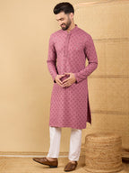 Men Mauve Viscose Rayon Solid Embroidered Straight Kurta with Trousers-MKSET1051