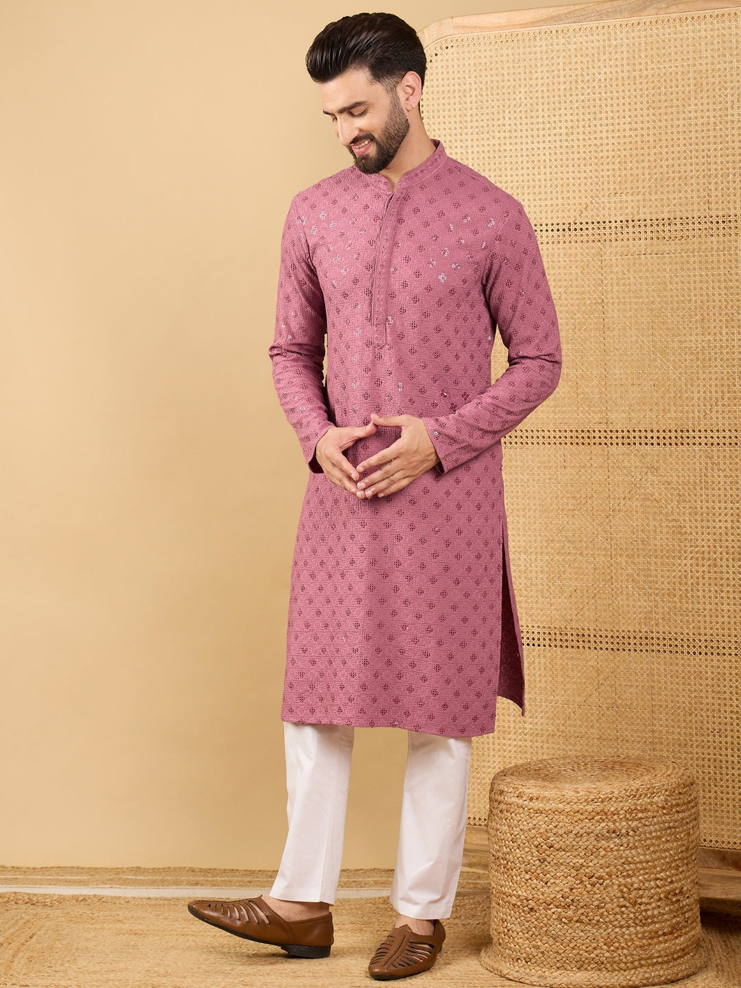 Men Mauve Viscose Rayon Solid Embroidered Straight Kurta with Trousers-MKSET1051