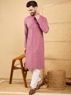 Men Mauve Viscose Rayon Solid Embroidered Straight Kurta with Trousers-MKSET1051