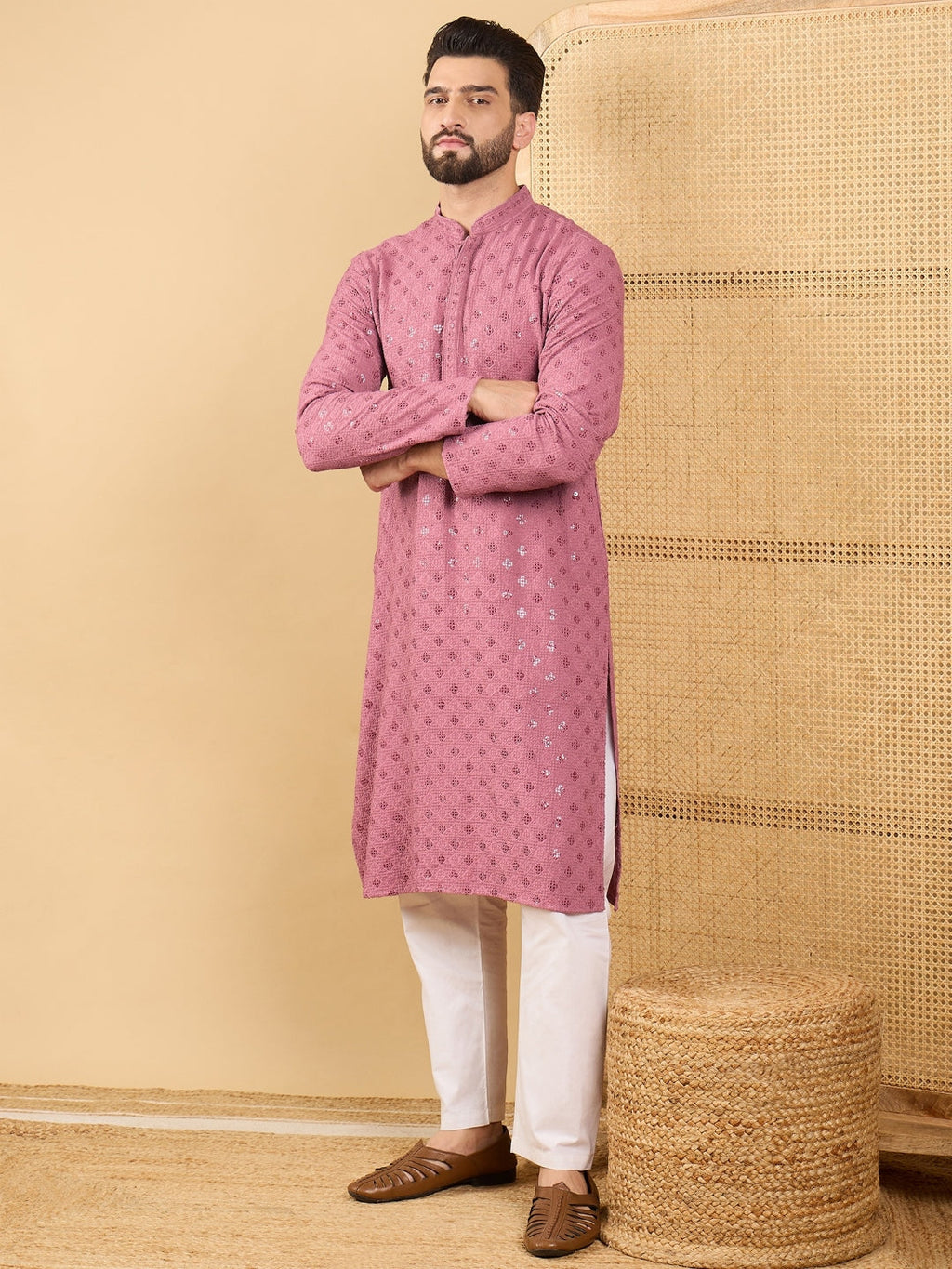 Men Mauve Viscose Rayon Solid Embroidered Straight Kurta with Trousers-MKSET1051