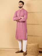 Men Mauve Viscose Rayon Solid Embroidered Straight Kurta with Trousers-MKSET1051