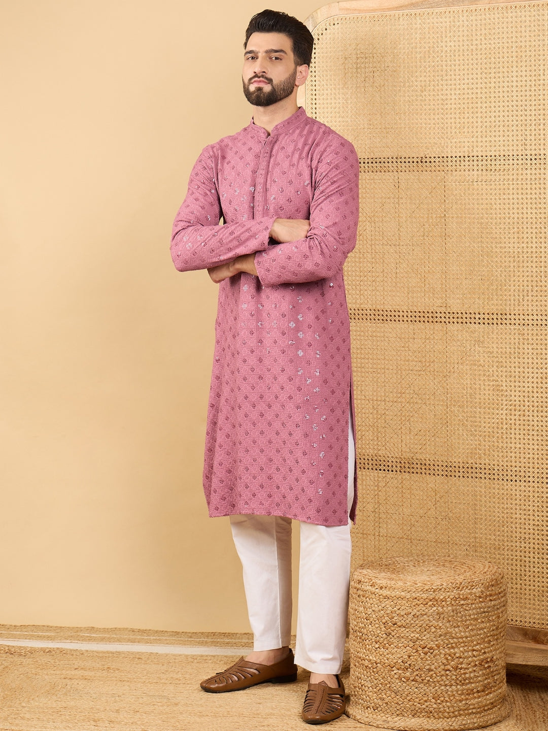 Men Mauve Viscose Rayon Solid Embroidered Straight Kurta with Trousers-MKSET1051