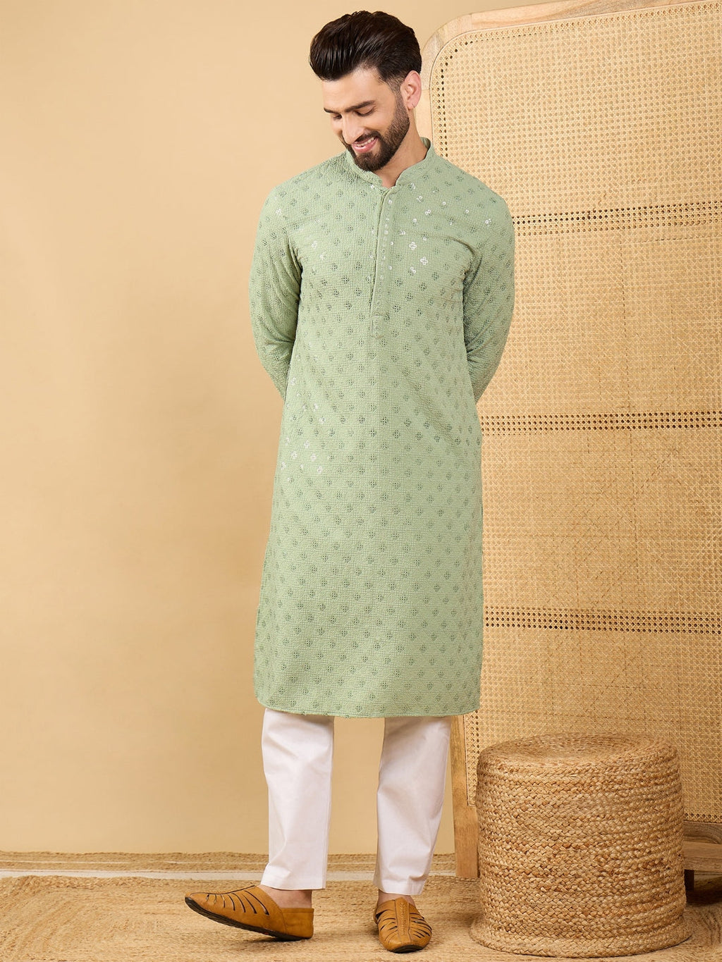 Men Green Viscose Rayon Solid Embroidered Straight Kurta with Trouser-MKSET1053