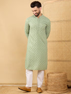 Men Green Viscose Rayon Solid Embroidered Straight Kurta with Trouser-MKSET1053