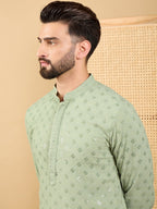 Men Green Viscose Rayon Solid Embroidered Straight Kurta with Trouser-MKSET1053
