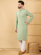 Men Green Viscose Rayon Solid Embroidered Straight Kurta with Trouser-MKSET1053