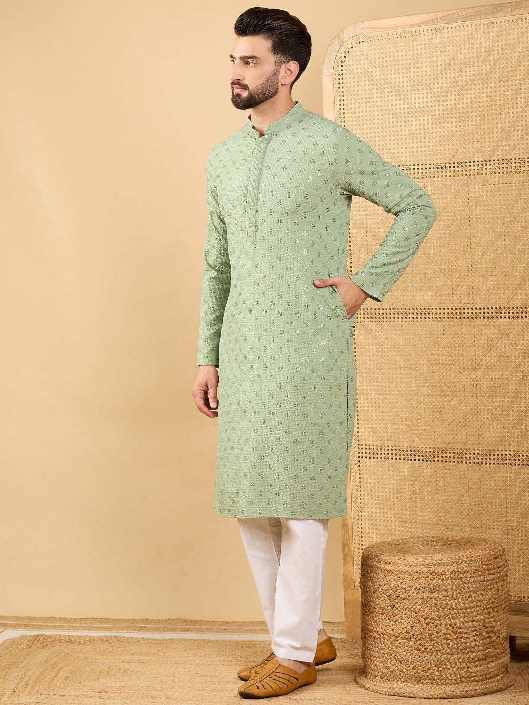 Men Green Viscose Rayon Solid Embroidered Straight Kurta with Trouser-MKSET1053