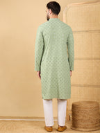 Men Green Viscose Rayon Solid Embroidered Straight Kurta with Trouser-MKSET1053