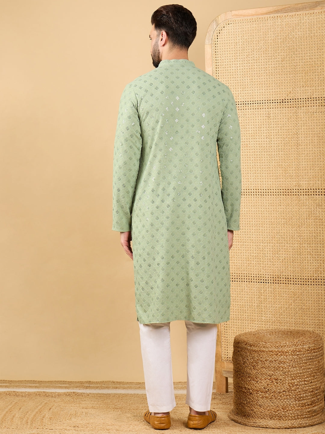 Men Green Viscose Rayon Solid Embroidered Straight Kurta with Trouser-MKSET1053