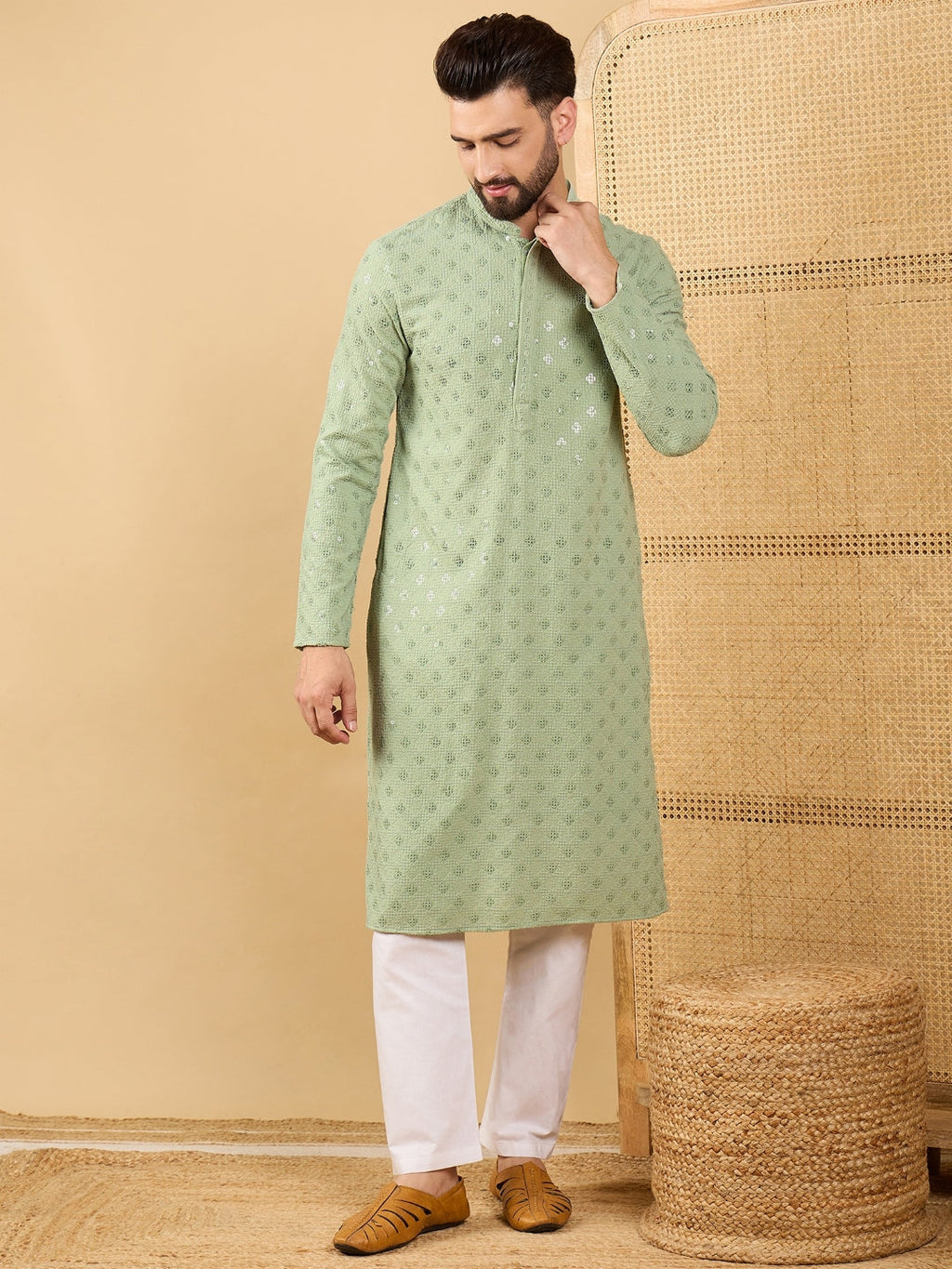 Men Green Viscose Rayon Solid Embroidered Straight Kurta with Trouser-MKSET1053