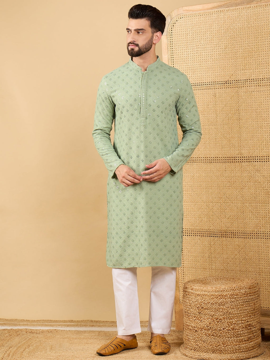 Men Green Viscose Rayon Solid Embroidered Straight Kurta with Trouser-MKSET1053