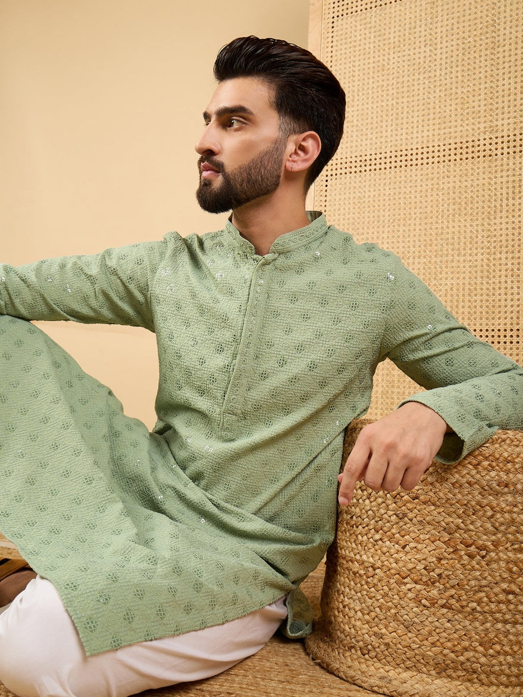 Men Green Viscose Rayon Solid Embroidered Straight Kurta with Trouser-MKSET1053