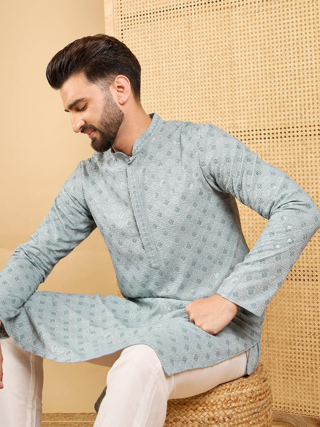 Men Grey Viscose Rayon Solid Embroidered Straight Kurta with Trouser-MKSET1054