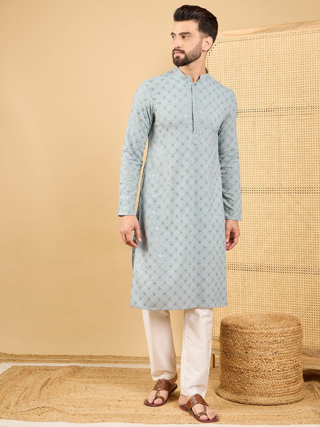 Men Grey Viscose Rayon Solid Embroidered Straight Kurta with Trouser-MKSET1054