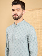 Men Grey Viscose Rayon Solid Embroidered Straight Kurta with Trouser-MKSET1054
