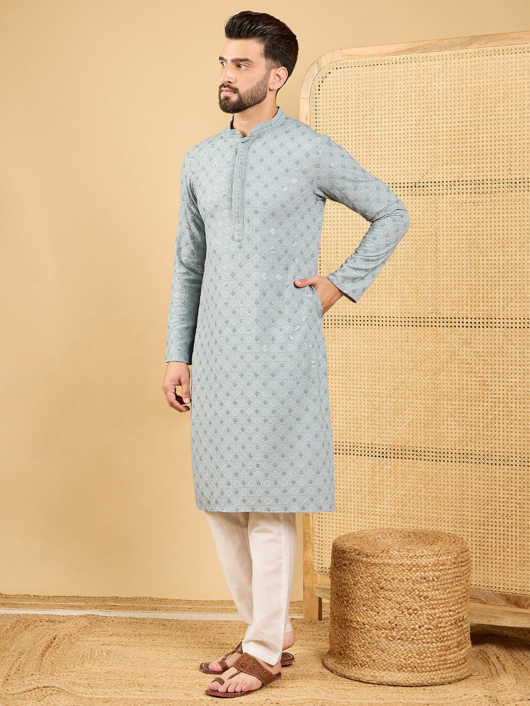Men Grey Viscose Rayon Solid Embroidered Straight Kurta with Trouser-MKSET1054