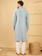 Men Grey Viscose Rayon Solid Embroidered Straight Kurta with Trouser-MKSET1054