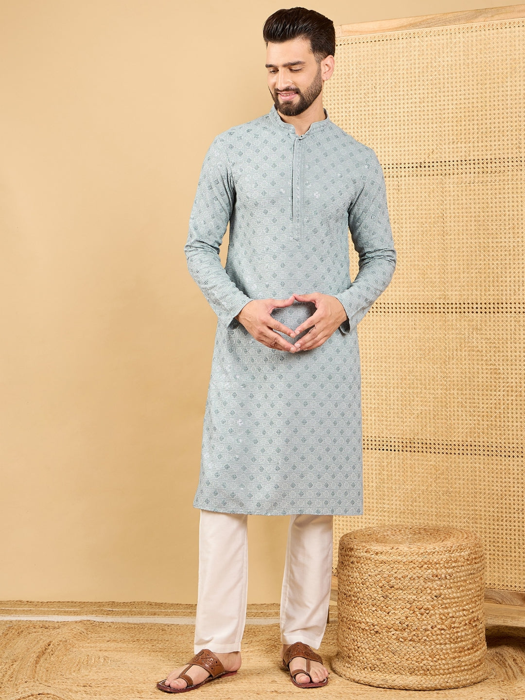 Men Grey Viscose Rayon Solid Embroidered Straight Kurta with Trouser-MKSET1054