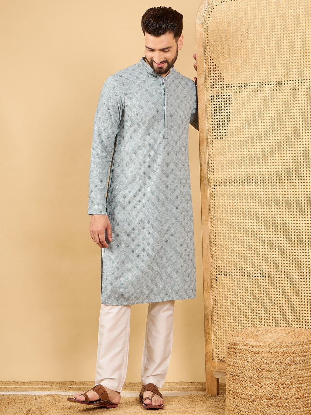 Men Grey Viscose Rayon Solid Embroidered Straight Kurta with Trouser-MKSET1054