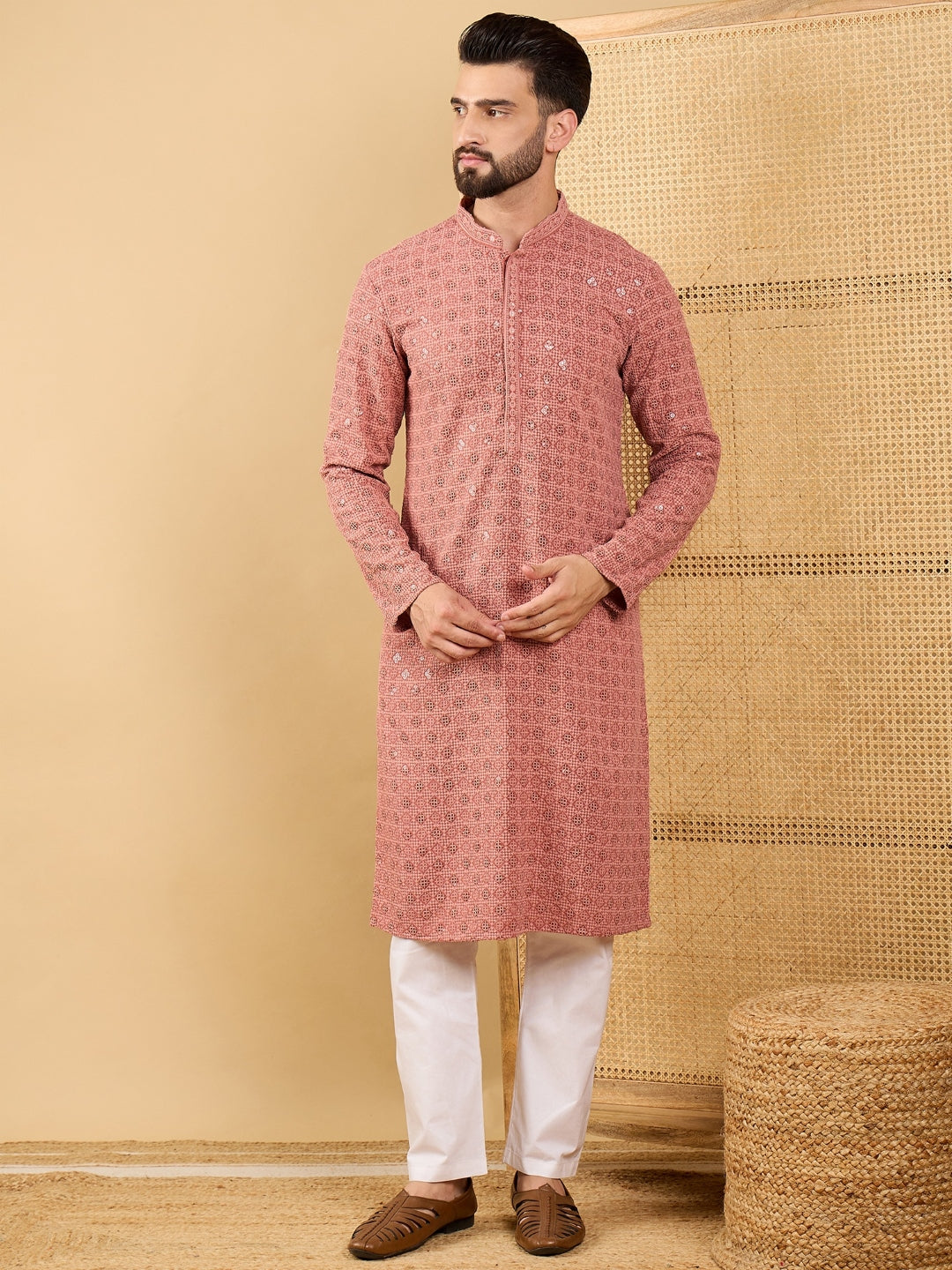 Men Rust Viscose Rayon Solid Embroidered Straight Kurta with Trouser-MKSET1055