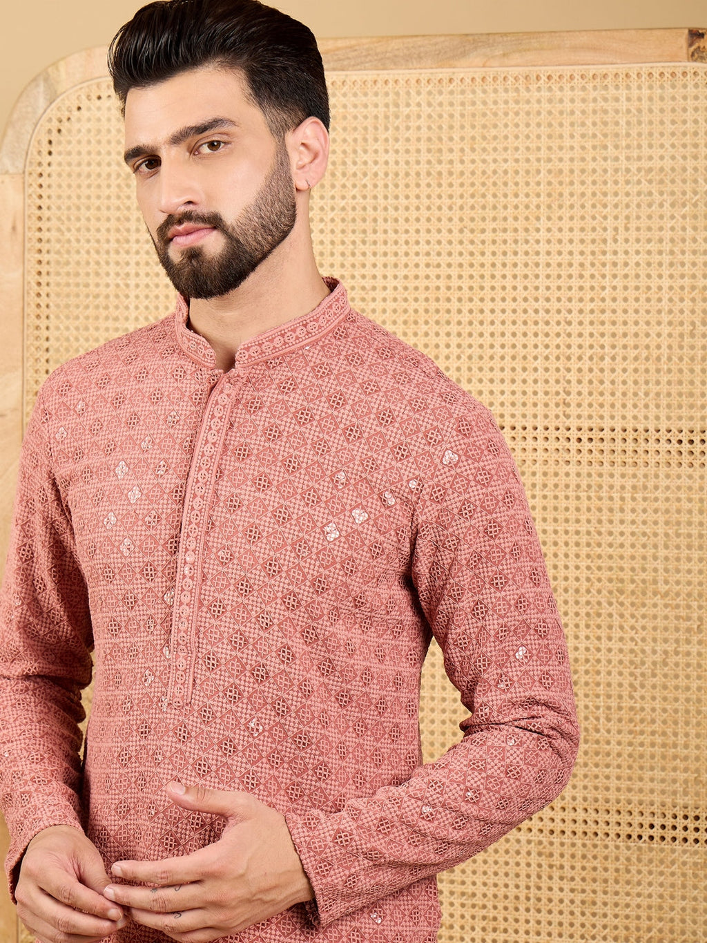 Men Rust Viscose Rayon Solid Embroidered Straight Kurta with Trouser-MKSET1055