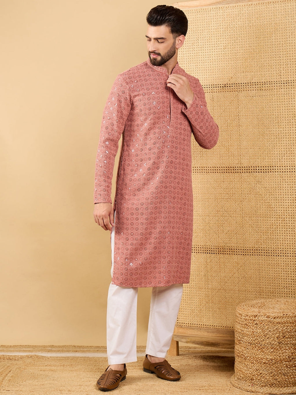 Men Rust Viscose Rayon Solid Embroidered Straight Kurta with Trouser-MKSET1055
