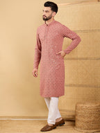 Men Rust Viscose Rayon Solid Embroidered Straight Kurta with Trouser-MKSET1055