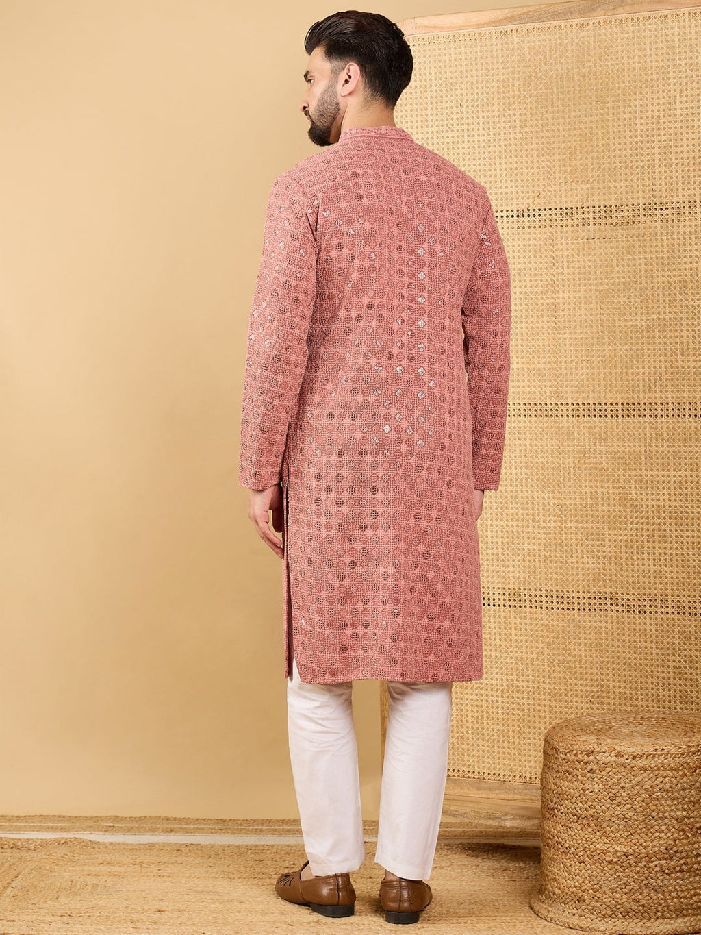 Men Rust Viscose Rayon Solid Embroidered Straight Kurta with Trouser-MKSET1055